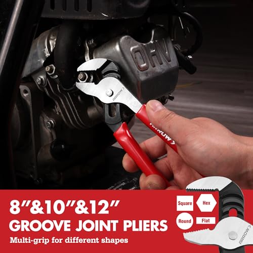 ARROW 8PCS Pliers & Wrench Set, 6" Needle Nose Pliers, 6" Diagonal, 7" Linesman, 8" Slip Joint, 8" & 10" & 12" Groove Joint and CRV 8" Adjustable Wrench, Portable Rolling Bag With Handle