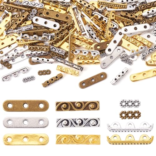 Pandahall 150Pcs 3-Holes Rectangle Spacer Bar Metal Beads 4 Styles Tibetan Multi Strand Separator Link End Bar Mixed Colors for Jewelry Making