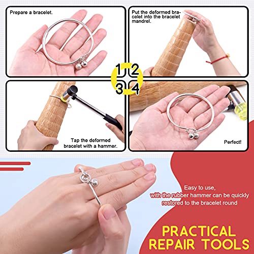 Hilitchi 5Pcs Jewelry Tool Set Including Rubber Hammer, Wooden Bracelet Sizing Bangle Mandrel, Jewelry Pliers, Plastic Wrist Sizer Wrist Belt Bracelet for Jewelry Making and Repairing Tools Kit
