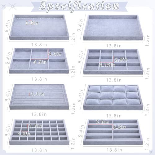 Tondiamo Set of 8 Large Stackable Jewelry Organizer Tray Set for Drawers Grey Velvet Jewelry Drawer Inserts Container Display Case Storage Display Trays for Earring Necklace Rings Bracelet Sunglasses