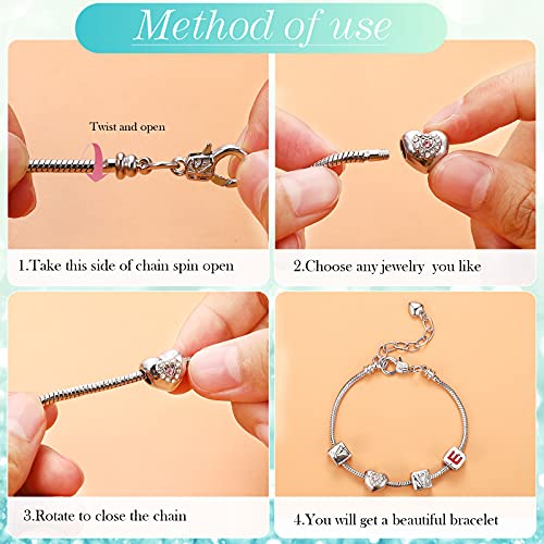 Hicarer 27 Pieces Snake Charm Bracelet Chain Adjustable Charm Bracelet Chain with Heart Shape Extender Copper DIY for Women Jewelry Making(7.9 Inch,Silver) - size: 7.9 Inch