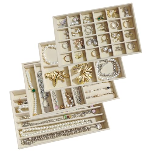 Stackable Jewelry Trays Organizer for Drawer Set of 4 – Velvet Drawer Inserts Organizer Jewelry Organizers and Display Set for Earrings, Rings, Necklaces, Bracelets (Beige) - color: Beige