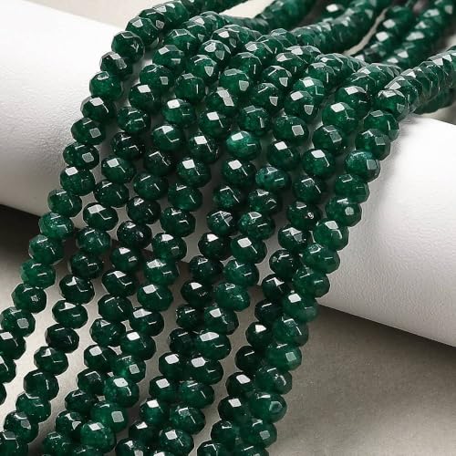 115pcs/strand Dyed Natural Jade Rondelle Beads, 4x2mm Faceted Crystal Stone Smooth Loose Spacer Beads for Jewelry Making Bracelets Earrings DIY Beading Craft Supplies, Dark Green - color: Dark Green