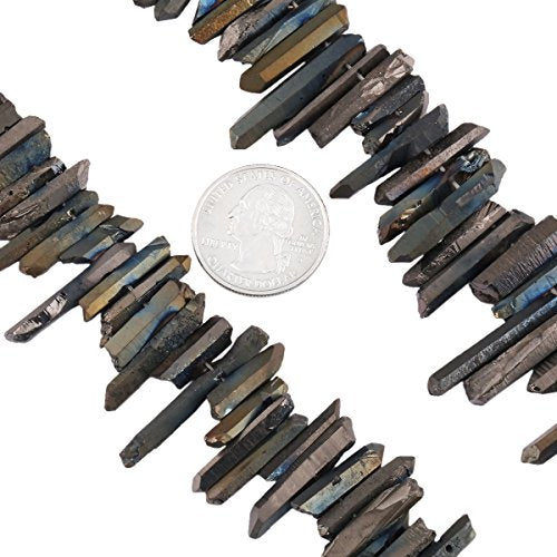 SUNYIK Black Titanium Coated Crystal Points Quartz Rough Sticks Spikes Point Beads 15 inch Strand Drilled - color: Black(Rough), size: 0.4"-1.3"