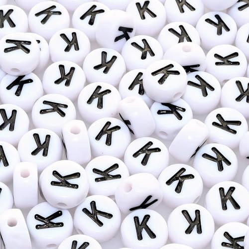 Amaney 100pcs K Letter Beads 7x4mm White Round Acrylic Black Alphabet for Bracelet Jewelry Making - color: K