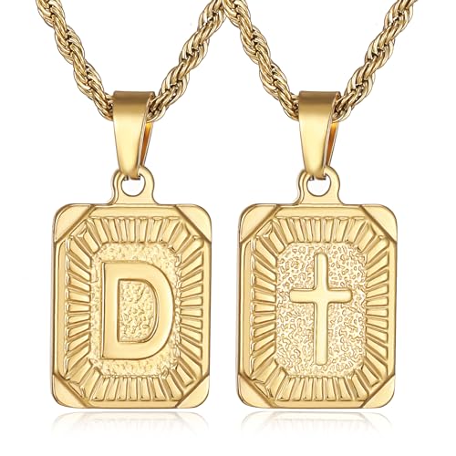 SKQIR initial Letter Necklaces for Men,Stainless Steel Plated A Z Square Pandent Letter Necklace for Women,Cross Necklace with Letter Chain Pendant for Boys Stocking Stuffers Christmas New Year Gifts for Men Women - color: Gold, style: Cross D