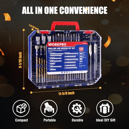 WORKPRO 455-Piece Drill Bit Set and Screwdriver Bit Set, Titanium Twist Drill Bits, Drywall Screws with Double Sided Storage Case, for Wood Metal Plastic Concrete Masonry - style: 455 PCS