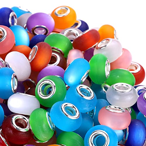 100 Pieces 14mm European Large Hole Spacer Beads Mix Color with Silver Brass Cores Assortments Charm Lampwork Beads Supplies for Necklace Bracelets Jewelry Making (Frosted cat Eye) - color: Frosted cat eye