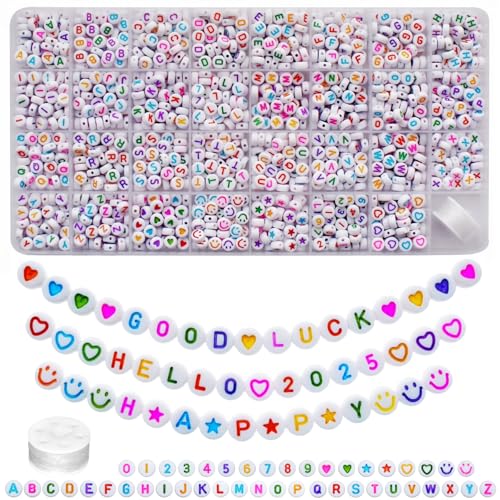 Looconi 1600pcs Colorful Letter, Star, Heart, Number, Smiley Face Beads and Elastic String 7x4mm Alphabet Beads 31 Styles for Jewelry Making - color: Colorful&LHeartStar, size: 7x4mm