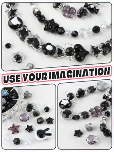 Acrylic Pastel Beads for Jewelry Making, Kalolary Black Bow Butterfly Flower Bead Kawaii Plastic Heart Bead Cute Macaroon Aesthetic Beads for Bracelet Necklace DIY (Black) - color: Black