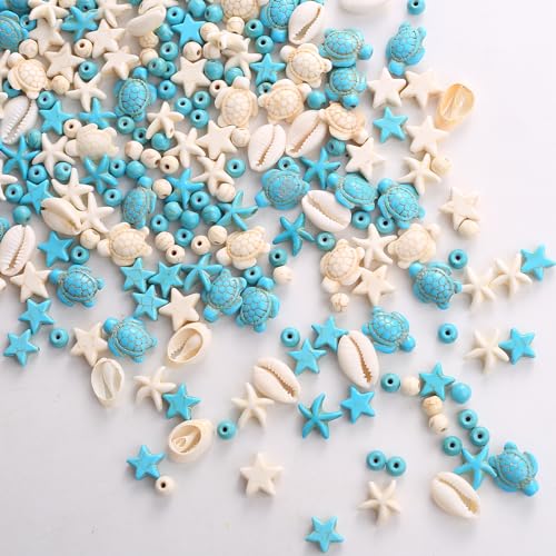 344Pcs Turquoise Sea Turtle Beads Blue and White Starfish Beads Tortoise Turtle Charms Summer Beach Animal Spacer Bead Shell Bead for Jewelry Making DIY Bracelet Necklace (8 Strings) - color: Blue and White