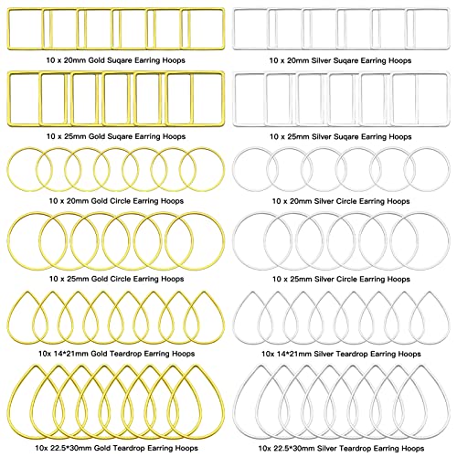 Ximalun 120Pcs Earring Hoop Jewelry Making 3 Shapes Teardrop Square Round Circle Hoop Earring Bulk Open Bezel Pendant Frame for DIY Earring Making Supplies (Gold, Silver) - color: Gold,Silver