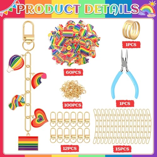 AUGSUN 189 Pcs LGBT Pride Keychain Making Kit DIY Bead Keychain Crafts Rainbow Charm Gay Lesbian Accessories for Pride Month Gifts LGBT Party Celebrations - style: LGBT