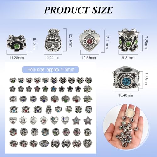 TOAOB 30pcs Assorted Rhinestone European Antique Silver Plating Silver Lampwork Charming Beads Inlaid Rhinestone Large Hole Spacer Beads Charms Supplies for Bracelet Necklace Jewelry Making
