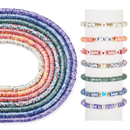 Elecrelive 6mm Polymer Clay Beads Strands 7 Colors Heishi Flat Round Spacer Beads Pearlized Spots Disc Loose Clay Chips for Bracelet Chocker Necklace Earring DIY Crafts - color: 7 Colors, 6mm