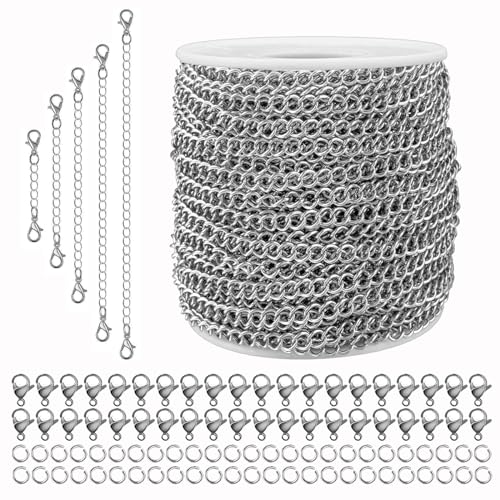 55ft Silver Stainless Steel Curb Chain for Jewelry Making,Twisted Link Chains with Spool for Dog Tag,Keychain,100 Pcs Jump Rings and Lobster Clasps DIY Craft Supplies for Necklace Chain (5x4x1.0m) - color: 5x4x1.0mm-55FT & 100pcs Clasps+Rings