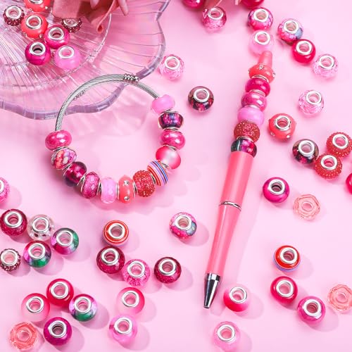 100 Pieces Assorted European Large Hole Fairy Wand Garden Beads, Mixed Color Lampwork Spacer Craft Beads for DIY Jewelry Making Supplies(Rose red) - color: Rose red