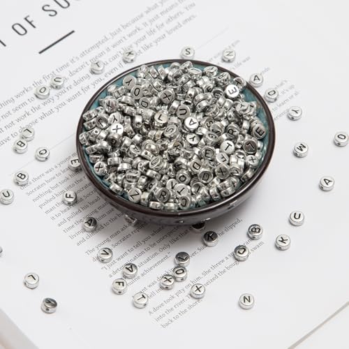 1000pcs Silvery Letter Beads for Bracelets, 4x7mm Black Alphabet A-Z Beads for Jewelry Making Friendship Bracelets (4 * 7 Silver) - color: 4x7mm silver