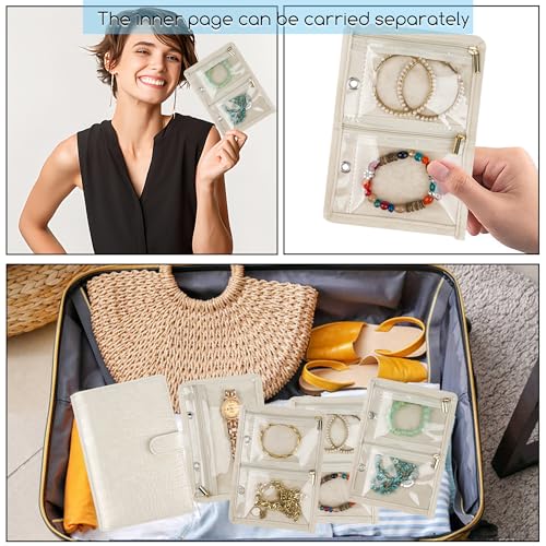 Travel Jewelry Organizer Case,Small Jewelry Bags Jewelry Storage Book Ring Binder with Clear Zipper Velvet Pouch for Traveling - color: Beige