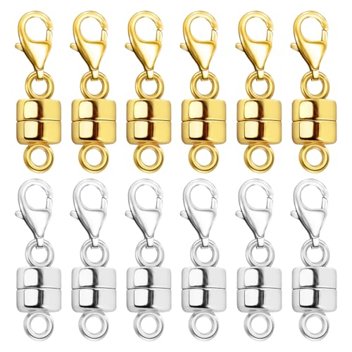 Magnetic Necklace Clasp with Lobster Clasp 18K Gold and Silver Magnetic Jewelry Clasps for Necklaces Extender Bracelet Clasps and Closures - color: 12Pcs | 6Gold & 6Silver