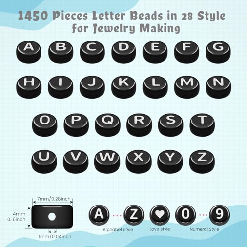 FZIIVQU 1400 Pcs Letter Beads Kit, 28 Styles White Acrylic Alphabet Beads Letter Beads for Jewelry Making wiht Number Beads Heart Beads Friendship Bracelet Kit - color: White Letters & Black Base, size: 4*7mm