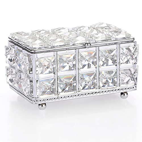 ELLDOO Crystal Jewelry Box Rectangle Trinket Organizer with Lid Earrings Rings Vintage Treasure Keepsake Box for Valentine Wedding Dresser Bedroom Decoration, Silver - color: Silver, size: Large