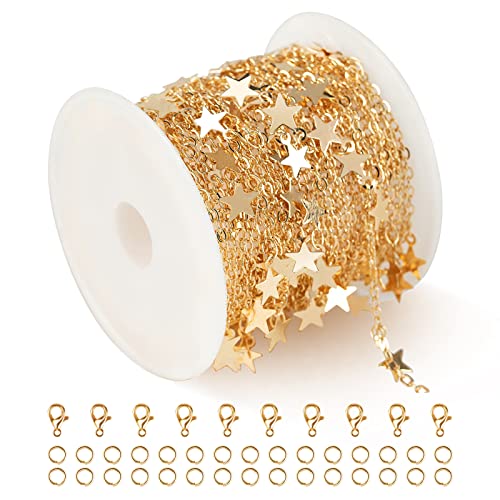 YOUBEIYEE 16.4 Feet Star Link Chain for Jewelry Making Women Necklace Chain Roll, Gold Plated Cable Chains Bulk with Jump Rings and Lobster Clasps - color: Gold Star