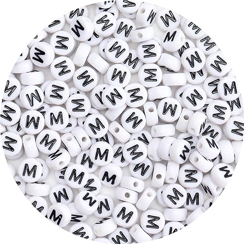 100Pcs Letter Beads - 4x7mm White Round Acrylic Alphabet Beads for Jewelry Making DIY Bracelets, Necklaces & Key Chains - color: M 100Pcs