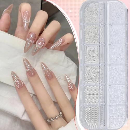 3D Mini Small Caviar Nail Beads Balls, 0.7-2mm Silver Nail Art Beads 1.5-5mm White Nail Pearls Half Round Flatback Pearl Nail Charms with Pickup Tools for Nails Face Eyes Makeup(31-K1-4) - color: 31-K1-4