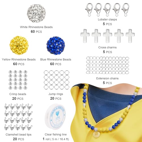 256Pcs 10mm Rhinestone Beads Kit 3 Colors, Round Sparkle Disco Ball Rhinestone Beads Set with Cross Charms and Accessories for DIY Baseball Necklaces Bracelets Earrings Jewelry Making - color: White, Deep Blue & Yellow