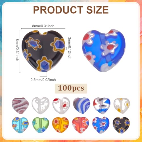 100Pcs Heart Handmade Millefiori Lampwork Beads Glass Flower Bead 8mm Love Shape Loose Spacer Beads for Bracelets Necklace Earring Jewelry Making DIY Craft Beading Supplies - size: 8mm