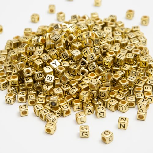 1000pcs Square Letter Beads for Bracelets, 6x6mm Gold Cube Alphabet A-Z Beads for Jewelry Making Friendship Bracelets (Cube Gold) - color: 6x6mm gold