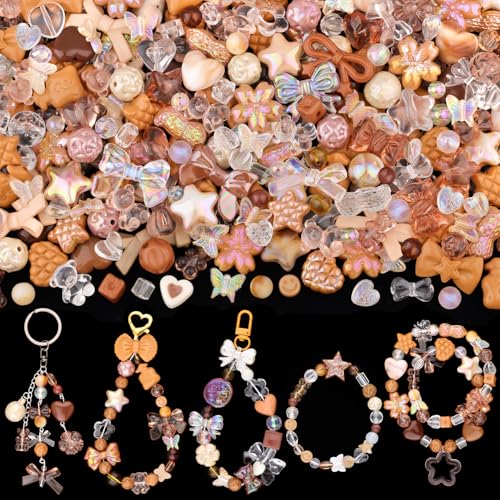 200-260PCS TINKRSTUFF Assorted Acrylic Beads Brown Cute Beads for Bracelet Making, Aesthetic GummyBear Bow Flower Candy Butterfly Kawaii Charms for Jewelry Making DIY Necklace Keychain Phone Charm - color: Brown