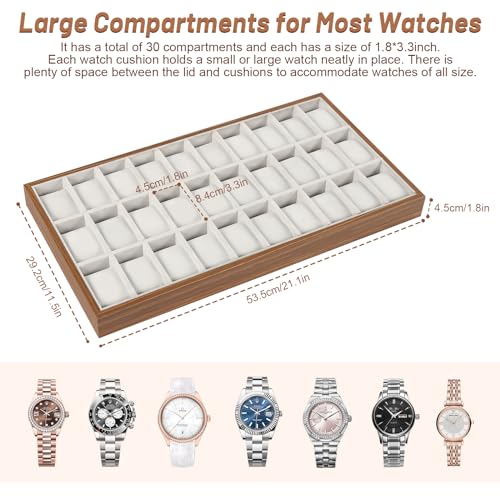 LOYALHEARTDY 30 Grid Watch Jewelry Tray Organizer Wooden Box Organizer Display Tray Watch Bracelet Display Holder with Removable Pillow for Men & Women Storage and Display