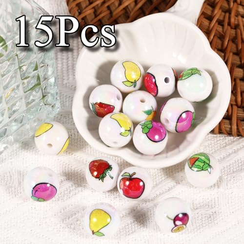 15Pcs Acrylic Beads Round 16mm UV Fruit Print Fit for DIY Jewelry Bracelet Necklace Keychain Beadable Pens Mobile Phone Chain Making Cute (Fruit-Mixed Color) - color: Fruit-Mixed color