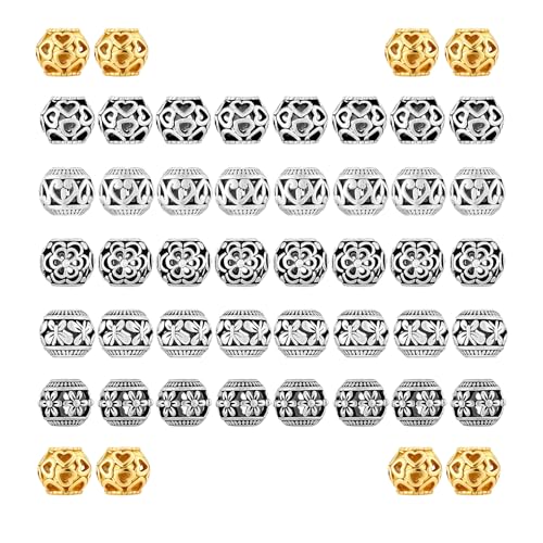 48Pcs Metal Tube Spacer Beads for Jewelry Making Necklace, Silver Large Hole Paracord Beads Bracelets Spacers Craft Loose Beads-6Style - color: 5Style*40+Gold*8