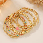 14K Gold Beaded Cross Beaded Bracelet Stack Set for Women,7PCS Bohemian Colorful Beads Ball Stretch Stackable Bracelets Trendy Holiday Birthday Gift - color: Pink