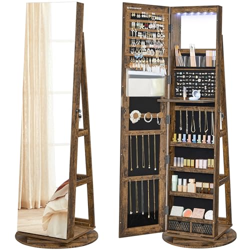 SONGMICS 6 LEDs Lockable Mirror Jewelry Cabinet, 360° Swivel Jewelry Organizer Armoire Standing, Frameless Full-Length Mirror, 3 Storage Shelves, Rustic Brown Surface, Black Lining UJJC007X01 - color: Rustic Brown + Black