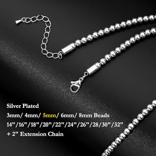 AMITER Stainless Steel Bead Necklace, 3mm/ 4mm/ 5mm/ 6mm/ 8mm Ball Beaded Chain Necklaces for Women & Men - size: 30 Inches, style: 5mm Silver