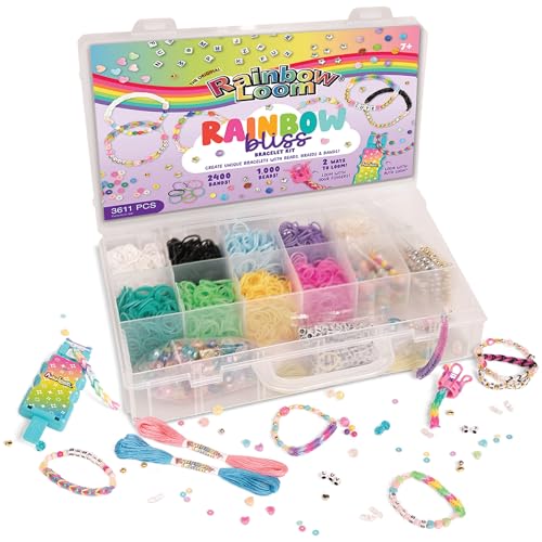 Rainbow Loom: 2,400 Bands & 1,000 Beads AutoLoom Rainbow Bliss Kit with AutoLoom & Finger Loom – DIY Braid & Bead Bracelet Jewelry Making Set for Kids 7+