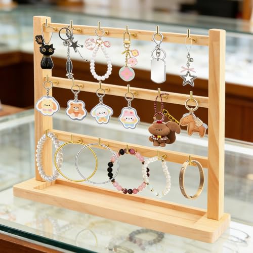 3 Tier Wooden Earring Display Stand With 18 Metal Hooks, Wood Keychain Display Stand for Showcasing Keys Jewelry and Accessories for Vendor Booth, Retail Store, Home
