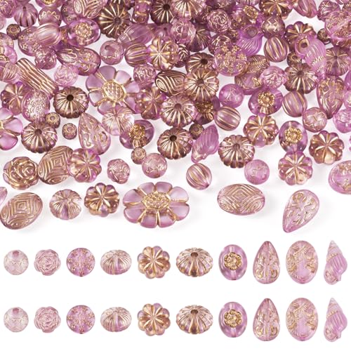 Beadthoven 90-100pcs Assorted Bohemia Acrylic Beads Transparent Kawaii Aesthetic Beads Heart Flower Bow Round Metal Enlaced Czech Beads Bulk for Bracelet Earrings Necklace DIY Craft Violet Purple - color: Violet Purple