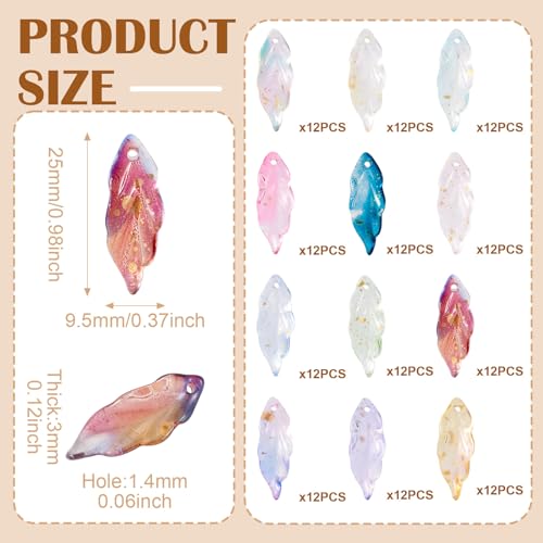 Beadthoven 144Pcs 12 Colors Glass Leaf Beads Mixed Transparent Gold Foil Feather Leaf Bead Charm Colorful Long Leaves Plant Spacers for Necklaces Earrings Key Chains DIY Jewelry Making - color: Feather Leaf Gold Foil