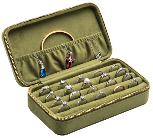 Velvet Multiple Ring Box Jewelry Organizer Display Tray with Zipper Around Earring Holder Case for Wedding Birthday (Olive Green) - color: Olive Green