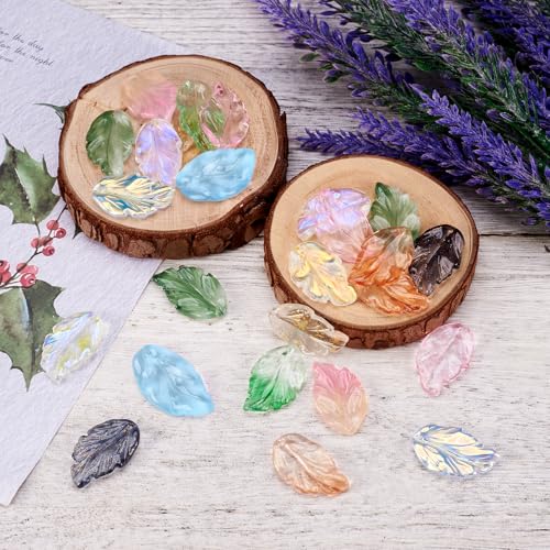Glass Leaf Beads Crystal Glass Leaf Charms Transparent Leaves Pendants Tiny Green Leaf Bead Caps for Christmas Earring Bracelet Jewelry Making DIY Keychain Craft - color: 10 Colors-Feather Leaf