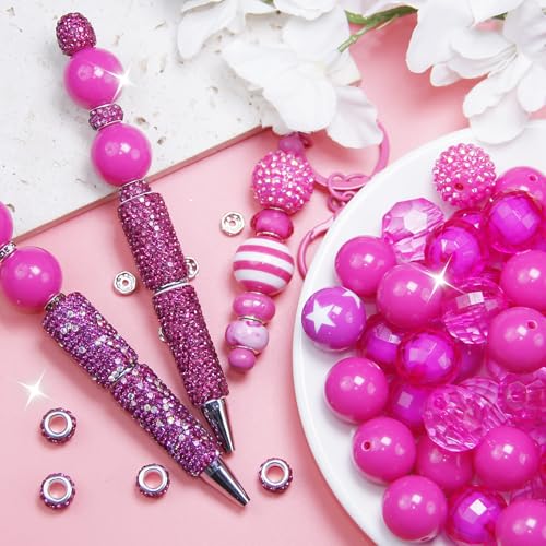 106 Pcs 20mm Beads for Pens Making with Rondelle Spacer Beads Rose Red Acrylic Focal Bubblegum Bead Crystal Round Sparkly Chunky Bead for Pens Beadable Keychain DIY Craft Jewelry Making Supplies - color: Rose Red