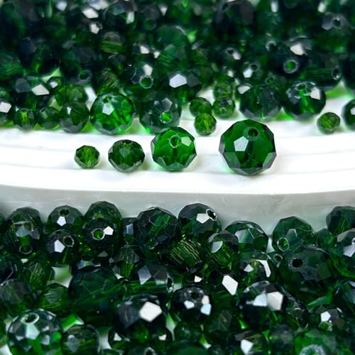 580pcs 4/6/8/10mm Glass Beads, Deep Green Faceted Crystal Briolette Loose Beads for Bracelets Necklaces DIY Crafts - color: Dark Green