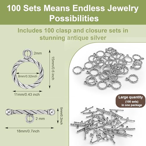 Heather's cf Toggle Jewelry Clasps – Durable Quality, Antique Twisted Silver Finish Toggle Clasps & Closures for Necklace, Bracelet & Charms – Ideal for DIY, & Jewelry Making – Small (Set of 100) - color: Twisted silver toggle clasp