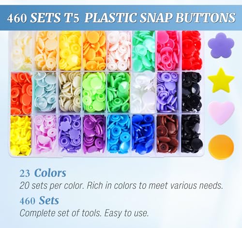 Snap Button with Snap Pliers Set,Lemonfiter 460 Sets Snap Fasteners T5 Plastic Buttons,23 Colors No-Sew Starter Button Fastener Set for Clothing Diapers Bibs Rain Coat Crafting - style: 23 Color 460 Sets