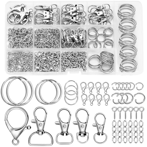 AUGSUN Keychain Making Kit, 450Pcs Keychain Craft Set Including Key Chain Clips, Lanyard Snap Hooks, Lobster Claw Clasps, Key Rings, Jump Rings and Screw Eye Pins for Key Chain Jewelry Making